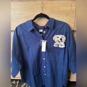 Anthropologie / Maeve. Navy Button Down Shirt + dog embroidery